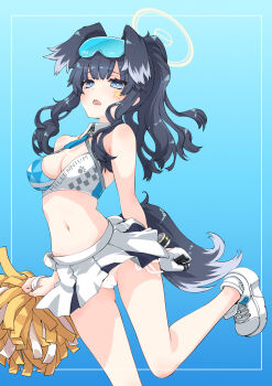 1girl animal_ears black_hair blue_archive blue_background blue_eyes breasts cheerleader commentary_request dog_ears dog_girl dog_tail goggles goggles_on_head halo hibiki_(blue_archive) hibiki_(cheer_squad)_(blue_archive) highres holding holding_pom_poms long_hair looking_at_viewer makita_yoshiharu millennium_cheerleader_outfit_(blue_archive) navel official_alternate_costume open_mouth panties pantyshot pom_pom_(cheerleading) pom_poms shoes simple_background skirt solo star_(symbol) star_sticker sticker sticker_on_face tail underwear white_panties white_shoes yellow_halo