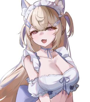 1girl animal_ear_fluff animal_ears bare_shoulders blue_hair breasts cleavage clothing_request collarbone commentary dog_ears dog_girl english_commentary fang fuwawa_abyssgard hololive hololive_english large_breasts maid_headdress multicolored_hair pink_eyes simple_background skin_fang sobbi11 solo streaked_hair two-tone_hair two_side_up upper_body virtual_youtuber white_background