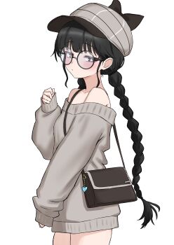 Rule 34 | 1girl, absurdres, bag, bare shoulders, black-framed eyewear, black eyes, black hair, blunt bangs, braid, check copyright, closed mouth, commentary request, commission, copyright request, cowboy shot, cross-shaped pupils, dress, from side, glasses, grey hat, grey sweater, hand up, hat, highres, long sleeves, looking at viewer, newsboy cap, off-shoulder sweater, off shoulder, oldsickkim, original, round eyewear, shoulder bag, sleeves past wrists, solo, sweater, sweater dress, symbol-shaped pupils, twin braids, twintails
