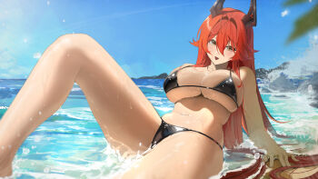1girl bikini black_bikini blue_sky breasts commentary_request goddess_of_victory:_nikke horns large_breasts long_hair mechanical_horns medium_hair michelan navel ocean red_hair red_hood_(nikke) sky solo stomach swimsuit very_long_hair wet yellow_eyes