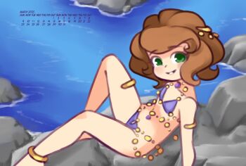 1girl anklet arm_support armlet barefoot bikini blush brown_hair calendar collarbone dancer disney drantyno flat_chest green_eyes grin hair_ornament harem_outfit highres jewelry loli looking_at_viewer navel navel_piercing necklace piercing purple_bikini rock short_hair sitting smile sofia_(disney) sofia_the_first swimsuit teeth thighlet water