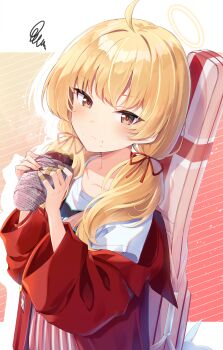 1girl blonde_hair blue_archive brown_eyes closed_mouth eating food food_on_face halo highres holding holding_food jacket looking_at_viewer medium_hair murasaki_himuro official_alternate_costume red_jacket red_pupils shirt solo white_shirt yellow_halo yoshimi_(band)_(blue_archive) yoshimi_(blue_archive)