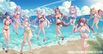 6+girls ahoge animal_ear_fluff animal_ear_hairband animal_ears antler_ring antlers arm_up arms_behind_back arms_behind_head bare_shoulders bikini black_bikini black_sandals blonde_hair blue_bikini blue_bow blue_eyes blue_hair blue_ribbon bow bow_bikini braid breasts brown_hair chisaka_airi cleavage clenched_hand clenched_hands closed_mouth collarbone colored_inner_hair copyright_notice criss-cross_halter curly_hair deer_antlers deer_ears deer_girl deer_tail dizzy_dokuro double_bun dragon_girl dragon_horns dragon_tail ember_amane fake_animal_ears fang flower frilled_bikini frills front-tie_bikini_top front-tie_top full_body gold_sandals green_eyes green_shorts greenapple grey_hair hair_bow hair_bun hair_ornament hair_ribbon hairband hairpin hakushika_iori halterneck heart highleg highleg_bikini himemiya_rie horns kaminari_clara large_breasts lightning_bolt-shaped_pupils long_hair looking_at_viewer medium_breasts mole mole_on_breast multicolored_hair multiple_girls navel object_floating_above_hand official_art open_mouth phase_connect pink_bikini pink_eyes pink_flower pink_hair pointy_ears purple_bikini purple_eyes purple_shoes rabbit_ear_hairband rabbit_ears red_bikini red_eyes ribbon sandals sarong shadow shisui_michiru shoes short_shorts shorts side_ponytail simple_background skin_fang sling_bikini_top small_breasts smile standing standing_on_one_leg streaked_hair swimsuit symbol-shaped_pupils tail teeth thigh_strap tiara twintails two-tone_hair upper_teeth_only utatane_nasa v virtual_youtuber white_background white_bikini white_hair white_ribbon white_sandals white_sarong white_shoes wolf_ears wolf_girl wolf_tail yellow_bow yellow_eyes yellow_ribbon