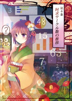 1girl ? bar_chart book chart cowboy_shot eyebrows female_focus floral_print flower framed frilled_kimono frills graph hair_flower hair_ornament hair_ribbon hieda_no_akyuu indoors japanese_clothes kazu_(muchuukai) kimono layered_clothes layered_kimono line_graph pie_chart plant purple_eyes purple_hair red_flower red_skirt ribbon shelf short_hair skirt solo spoken_question_mark text_focus touhou translation_request white_flower wide_sleeves