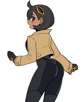 1girl ahoge ass black_bodysuit black_gloves black_hair blush bodysuit bodysuit_under_clothes breasts brown_jacket dark-skinned_female dark_skin emma_(pokemon) gegegekman gloves hair_ornament highres jacket latex latex_bodysuit looking_at_viewer looking_back nintendo open_mouth orange_gloves pokemon pokemon_legends:_z-a purple_eyes short_hair simple_background solo sweat two-tone_gloves white_background