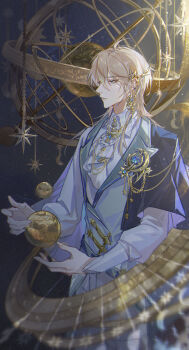 1boy absurdres adapted_costume ahoge alkaid_mcgrath alkaid_mcgrath_(godheim) aqua_eyes armillary_sphere ascot black_cape blonde_hair blue_gemstone brooch cape chinese_commentary closed_mouth collared_shirt cowboy_shot crescent crescent_pin crow_yayu downturned_eyes ear_chain ear_covers earrings expressionless gem gold_earrings grey_vest hair_between_eyes highres jewelry lapel_pin lapels light_particles linked_piercing long_sleeves looking_at_object lovebrush_chronicles male_focus medium_hair mobile moon_phases object_floating_above_hand pants peaked_lapels piercing planet shirt single_earring solo standing star_brooch vest waist_cape white_ascot white_pants white_shirt wing_brooch