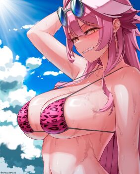 1girl angry animal_print arm_up bare_shoulders bikini blue_sky blush breasts clenched_teeth cloud cloudy_sky collarbone commentary day english_commentary eyewear_on_head hair_intakes highres hololive hololive_english large_breasts leopard_print leopard_print_bikini long_hair looking_at_viewer multicolored_hair navel nihto nose outdoors pink_bikini pink_hair print_bikini raora_panthera sky solo stomach streaked_hair sunglasses swimsuit teeth two-tone_hair virtual_youtuber yellow_eyes