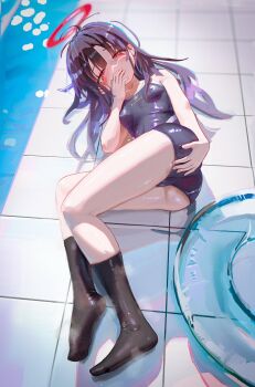 1girl ass black_hair black_socks blue_archive blush breasts halo highres hsch justice_task_force_(blue_archive) justice_task_force_member_(blue_archive) loli long_hair looking_at_viewer one-piece_swimsuit pool red_eyes red_halo school_swimsuit sidelocks socks swimsuit