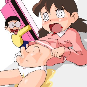 1boy 1girl artist_request blush clothes_lift doraemon glasses loli looking_at_another lowres minamoto_shizuka navel nobi_nobita open_mouth peeing peeing_self pink_door shirt shocked_pupils skirt skirt_lift stomach stomach_bulge tongue tongue_out twintails what yellow_shirt