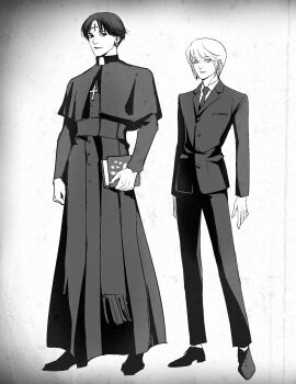 Rule 34 | 2boys, 63roku63, alternate universe, androgynous, black hair, black robe, chrollo lucilfer, clerical collar, closed mouth, cross tattoo, facial mark, forehead mark, forehead tattoo, full body, greyscale, highres, hunter x hunter, kurapika, male focus, monochrome, multiple boys, priest, robe, shirt, short hair, tattoo