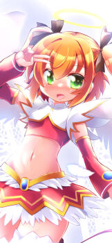 1girl :d absurdres angel_wings arm_up back_bow black_ribbon blush bow breasts commentary commission cowboy_shot crop_top cropped cross-laced_clothes cross-laced_top detached_sleeves double-parted_bangs dutch_angle feathered_wings frilled_thighhighs frills geo_(yukishitadou) gold_trim green_eyes groin hair_between_eyes hair_ribbon halo highres kaitou_tenshi_twin_angel kaitou_tenshi_twin_angel_3 lace_background legs_together long_hair long_sleeves looking_at_viewer magical_girl midair midriff minazuki_haruka_(twin_angel) miniskirt navel open_mouth orange_hair petticoat pink_bow pixiv_commission red_skirt red_sleeves ribbon shoulder_pads skirt small_breasts smile solo stomach tareme thighhighs twin_angel twintails v white_background white_thighhighs white_wings wide_sleeves wings yellow_halo zettai_ryouiki