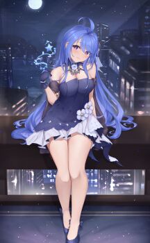 1girl :3 absurdres arm_behind_back azur_lane bare_legs bare_shoulders blue_dress blue_eyes blue_gloves blue_hair blush breasts commentary detached_collar dress english_commentary flower full_body full_moon gloves gradient_eyes hair_between_eyes hair_over_one_eye hand_up helena_(azur_lane) helena_(may_i_have_this_dance?)_(azur_lane) highres kyl490 legs_together long_hair looking_at_viewer medium_breasts moon multicolored_eyes night purple_eyes sitting sky smile solo thighs very_long_hair white_flower