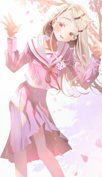 1girl absurdres blush cherry_blossoms gakuen_idolmaster grey_hair highres idolmaster long_hair looking_at_viewer orange_eyes pink_serafuku school_uniform serafuku shinosawa_hiro skirt smile solo superhoikoro wind