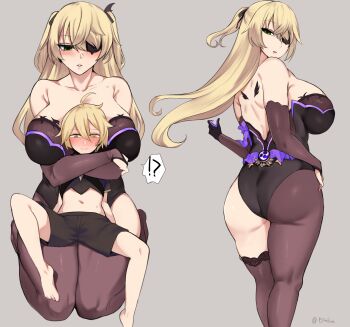 1boy 1girl adapted_costume aether_(genshin_impact) aged_up alternate_breast_size artist_request ass bare_shoulders barefoot blonde_hair blush bodysuit breasts closed_eyes coat erimiko fischl_(genshin_impact) from_behind genshin_impact gloves green_eyes hair_ornament hair_ribbon highres huge_ass huge_breasts large_breasts long_hair looking_at_viewer looking_back mature_female multiple_views pantyhose ribbon shiny_clothes shiny_skin short_hair shota sideboob size_difference thick_thighs thighs two_side_up unworn_coat very_long_hair