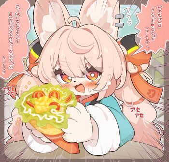 1girl absurdres ahoge animal_ear_fluff animal_ear_piercing animal_ears blush braid braided_twintails bright_pupils colored_speech_bubble commentary_request drooling emphasis_lines food food_request furry furry_female green_shirt hair_ornament highres holding holding_food long_hair looking_at_viewer open_mouth pink_fur pink_hair rabbit_ears rabbit_girl red_eyes regain_(regain_illust) salad screw shirt short_eyebrows solo sparkle speech_bubble sphere_hair_ornament thick_eyebrows tomato tomato_slice translation_request white_pupils zenless_zone_zero zhao_(zenless_zone_zero)