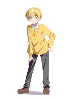 1boy blonde_hair brown_shoes commentary full_body grey_pants hair_between_eyes hand_on_own_leg highres kai_(shell) long_sleeves looking_at_viewer male_focus necktie pants root_(stpri) shirt shoes short_hair simple_background solo strawberry_prince symbol-only_commentary white_background yellow_necktie yellow_shirt
