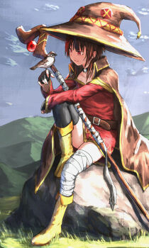 1girl absurdres asymmetrical_legwear bandaged_leg bandages belt bird bird_on_hand black_cape black_choker black_hair black_thighhighs boots cape choker closed_mouth commentary_request dress eurasian_tree_sparrow fingerless_gloves full_body gloves hat highres knee_boots knee_up kono_subarashii_sekai_ni_shukufuku_wo! large_hat long_sleeves mage_staff megumin mismatched_legwear mountainous_horizon nobukingu off-shoulder_dress off_shoulder on_rock outdoors red_dress red_eyes rock short_dress short_hair_with_long_locks single_thighhigh sitting sky solo sparrow staff thighhighs witch_hat yellow_boots