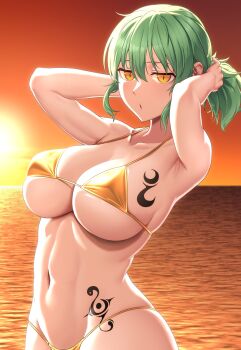 1girl absurdres adjusting_hair bikini breasts brown_eyes evening gold_bikini green_hair highres hikage_(senran_kagura) large_breasts micro_bikini navel open_mouth orange_sky outdoors senran_kagura short_hair sky slit_pupils solo sunset swimsuit tattoo triangle_bikini_top water zib_(boriku)