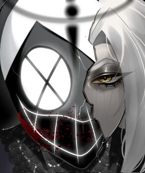 1girl cherrsymbol commentary cracked_kawaii_mask cracked_mask english_commentary grey_hair hazbin_hotel hellaverse highres looking_at_viewer lute_(hazbin_hotel) mask portrait short_hair solo white_hair yellow_eyes