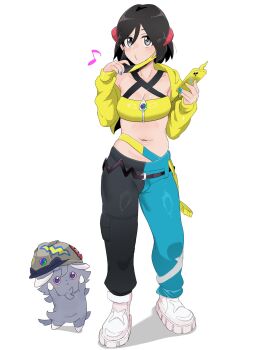 1boy bandeau belt black_belt black_hair calem_(pokemon) canari_(pokemon) canari_(pokemon)_(cosplay) closed_mouth commentary_request cosplay espurr gen_4_pokemon gen_6_pokemon grey_eyes hands_up highres holding holding_phone male_focus mask mask_pull mouth_mask musical_note nail_polish navel nintendo pants phone pokemon pokemon_(creature) pokemon_legends:_z-a pokemon_xy rotom rotom_phone sana_(37pisana) shoes short_hair white_background white_shoes yellow_bandeau zipper zipper_pull_tab