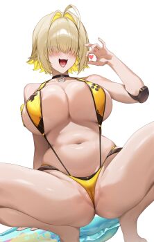 1girl absurdres areola_slip bare_shoulders blonde_hair blush breasts elegg_(boom_and_shock)_(nikke) elegg_(nikke) eyes_visible_through_hair goddess_of_victory:_nikke hair_intakes hair_over_eyes hand_up heart highres huge_breasts looking_at_viewer navel official_alternate_costume one-piece_swimsuit open_mouth partially_visible_vulva samart sideboob simple_background slingshot_swimsuit smile solo squatting stomach swimsuit thighs tongue white_background yellow_one-piece_swimsuit