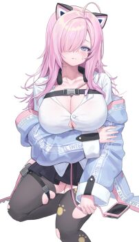 1girl absurdres ahoge animal_ears blue_eyes blush breasts buttons cellphone cleavage collarbone counter:side fake_animal_ears hair_over_one_eye highres large_breasts looking_at_viewer miya_(counter:side) p00nipooni paw_print paw_print_pattern phone pink_hair skirt smartphone sweatdrop torn_clothes torn_legwear white_background