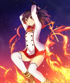 1girl asakura_mihono attack black_background black_gloves boots brown_boots buttons dot_nose double-breasted fingerless_gloves fire game_cg gloves gradient_background gradient_hair grin holding holding_sword holding_weapon jumping katana long_sleeves medium_hair minoseki_gakuin_uniform multicolored_hair official_art purple_background purple_hair red_background red_eyes red_hair red_sailor_collar ribbon sailor_collar school_uniform shirt smile solo striped_clothes striped_thighhighs sword tassel thighhighs third-party_source toji_no_miko toji_no_miko:_kizamishi_issen_no_tomoshibi two-handed vertical-striped_clothes vertical-striped_thighhighs weapon white_shirt white_thighhighs yellow_ribbon zettai_ryouiki