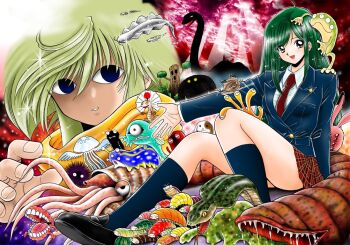 1boy 1girl black_eyes black_jacket black_socks blemmyes blonde_hair blue_eyes brown_eyes brown_skirt bug cloud collared_shirt commentary_request creature creature_on_head creature_on_leg cryptid empty_eyes extra_eyes fangs flying frilled_neck_lizard gedou_saimon glowing glowing_eyes green_hair headless jacket japanese_flag jellyfish kneehighs light_rays loch_ness_monster long_hair looking_at_viewer mikakunin_shounen_gedou miniskirt monster nautilus_(animal) necktie no_pupils official_art okano_takeshi one-eyed open_mouth parted_lips plaid_clothes plaid_skirt pleated_skirt rabbit red_clouds red_necktie saliva saliva_trail scarf sea_slug sea_urchin sharp_teeth shirt short_hair sitting skirt skyfish_(cryptid) slime_(creature) smile snail snake socks teeth tree tsuchinoko webbed_hands white_shirt wings worm yellow_eyes yellow_scarf yuuki_sarara