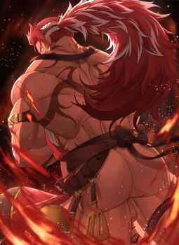 1boy alternate_costume apron armband ass back_tattoo bar_censor bara bellsaltr black_background censored feet_out_of_frame fire granblue_fantasy highres huge_ass leather leather_belt light_particles long_hair male_focus manly mature_male multicolored_hair muscular muscular_arms muscular_legs muscular_male official_alternate_costume penis ponytail red_hair simple_background solo spatula spiked_hair spoon tan tattoo testicles thighs white_hair wilnas_(apron_of_ardor)_(granblue_fantasy) wilnas_(granblue_fantasy) yellow_eyes