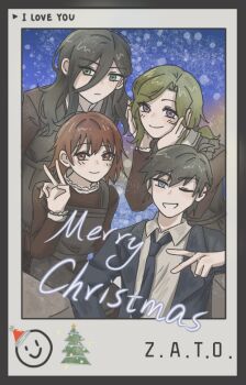 1boy 3girls asya_shubina black_hair black_jacket black_necktie blue_eyes blush brown_dress brown_eyes brown_hair chinese_commentary commentary_request cr56734194 dress dress_shirt green_hair grin hair_between_eyes hands_on_own_cheeks hands_on_own_face ira_grachevskaya jacket lapels marina_kaplan merry_christmas multiple_girls necktie polaroid_photo purple_eyes school_uniform shirt smile soviet_school_uniform suit_jacket swept_bangs upper_body v vadim_garin z.a.t.o._//_i_love_the_world_and_everything_in_it