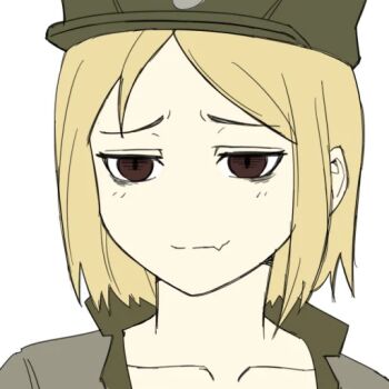 Rule 34 | 1girl, blonde hair, brown eyes, closed mouth, collarbone, fang, hat, jacket, light blush, limestone (artist), looking at viewer, marichka, military, military hat, military uniform, non-web source, original, peaked cap, portrait, russo-ukrainian war, short hair, skin fang, smile, solo, upper body