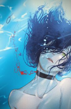 1girl air_bubble asphyxiation black_choker black_hair blood_trail bubble chainsaw_man choker collarbone commentary drowning english_commentary green_eyes grenade_pin hair_over_one_eye highres nude parted_lips reze_(chainsaw_man) solo submerged tokana_(tokanasick) underwater upper_body