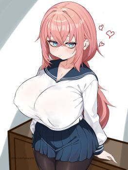 1girl absurdres arm_support artist_name black_pantyhose blue_eyes blue_sailor_collar blue_skirt breasts cleavage commentary_request covered_erect_nipples cow harutoyumaarts heart highres huge_breasts long_hair long_sleeves looking_at_viewer michinoku_komaro no_dickey pantyhose pink_hair pleated_skirt sailor_collar school_uniform seitokai_ni_mo_ana_wa_aru! serafuku shirt skirt solo twitter_username white_shirt