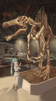1girl :d absurdres aqua_eyes aqua_hair belt boots camera collared_shirt commentary_request dinosaur_skeleton dodo_(bird) fossil hatsune_miku highres holding holding_camera ichthyosaur indoors mimizu_ningen museum open_mouth shirt short_sleeves skirt smile solo spinosaurus standing triceratops twintails v vocaloid