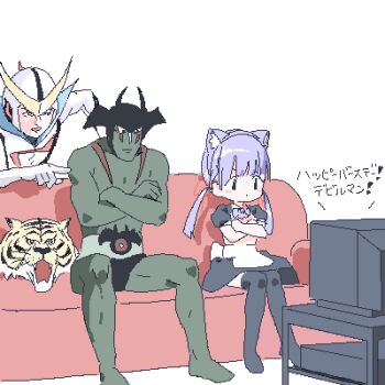 1girl 3boys animal_ear_hairband animal_ears apron black_eyes black_skirt black_thighhighs blush_stickers bodysuit bow bowtie casshern casshern_(series) cat_ear_hairband cat_ears closed_mouth colored_skin couch crossed_arms crossover crt devilman devilman_(character) fake_animal_ears full_body green_skin hairband head_only helmet horns kyou_mo_dokokade_devilman lokulo-chan_(lokulo_no_mawashimono) lokulo_no_mawashimono long_hair low_twintails lowres multiple_boys multiple_crossover on_couch open_mouth original pointing pose_imitation puffy_short_sleeves puffy_sleeves purple_bow purple_bowtie purple_hair serious shinzou_ningen_casshern short_sleeves shrug_(clothing) simple_background sitting skirt standing television thighhighs tiger_mask_(character) tiger_mask_(series) topless_female topless_male twintails waist_apron watching_television white_background white_bodysuit