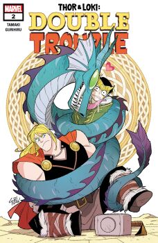 2boys absurdres aqua_horns aqua_scales armor artist_name black_eyes black_hair black_shirt blonde_hair blue_eyes boots bound braid breastplate brothers cape character_name clenched_teeth coat comic_cover company_name copyright_logo copyright_name disgust english_text fake_horns fins fur-trimmed_coat fur_leg_warmers fur_trim green_armor green_coat gurihiru head_fins heart highres horned_headwear horns leg_warmers licking logo loki_(marvel) long_hair male_focus marvel mjolnir_(marvel) monster multiple_boys muscular muscular_male official_art red_cape saliva sea_serpent sharp_teeth shirt short_hair siblings sitting teeth thor_(marvel) thor_(marvel)_(series) wide-eyed