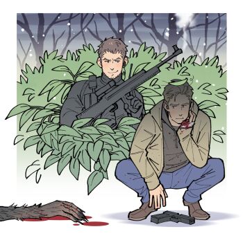 Rule 34 | 2boys, :t, ak-47, arm up, assault rifle, bandaged hand, bandages, bare tree, black gloves, black hoodie, black shirt, blonde hair, blood, bloody bandages, blue pants, border, brown footwear, brown fur, brown hair, bush, chris redfield, claws, closed mouth, commentary, denim, drawstring, elbow on thigh, english commentary, ethan winters, facial hair, gloves, gun, hair slicked back, hand on own chin, handgun, head rest, highres, holding, holding gun, holding weapon, hood, hood down, hoodie, jeans, kalamari, kalashnikov rifle, kneeling, layered clothes, leaf, leaf on head, looking at another, male focus, multiple boys, open clothes, open hoodie, out of frame, pants, resident evil, resident evil village, rifle, shaded face, shirt, smile, snow, tree, turtleneck, weapon, white border, yellow hoodie