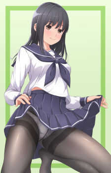 1girl akippoi_0919 black_hair black_pantyhose brown_eyes clothes_lift highres kneeling lifting_own_clothes original panties panties_under_pantyhose pantyhose school_uniform serafuku skirt skirt_lift thighband_pantyhose underwear