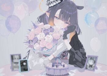1girl :3 asymmetrical_gloves balloon black_gloves black_kimono blue_eyes bouquet cake closed_mouth flower food gloves gradient_hair halo highres holding holding_bouquet hololive hololive_english japanese_clothes kimono long_hair looking_at_viewer lumina_(1umin4) mismatched_gloves mole mole_under_eye multicolored_hair ninomae_ina'nis orange_hair orange_halo pink_flower pink_rose pointy_ears purple_flower purple_hair rose solo table tentacle_hair two-tone_kimono virtual_youtuber white_flower white_gloves white_kimono white_rose