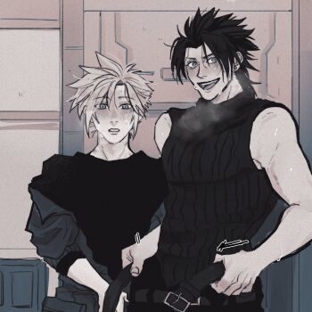 2boys bare_shoulders belt black_hair black_pants black_shirt blonde_hair blush cloud_strife crisis_core_final_fantasy_vii dazed final_fantasy final_fantasy_vii furrowed_brow greyscale hair_between_eyes heavy_breathing highres ht8207 jacket jacket_partially_removed male_focus monochrome multiple_boys nervous_smile open_belt open_mouth pants parted_bangs parted_lips shirt short_hair sleeveless sleeveless_turtleneck smile sweat turtleneck upper_body yaoi zack_fair