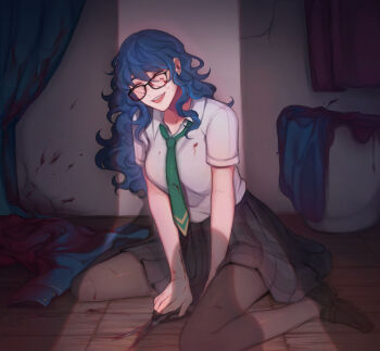 1girl aoba_tsumugi black-framed_eyewear black_pantyhose black_skirt blood blood_on_clothes blood_on_face blood_on_scissors blood_on_wall blue_hair breasts brown_shoes closed_eyes commentary curtains doorway english_commentary ensemble_stars! genderswap genderswap_(mtf) green_necktie hair_between_eyes highres holding holding_scissors jacket large_breasts loafers long_hair lummy_yummy necktie on_floor open_mouth pantyhose plaid_clothes plaid_skirt pov_doorway school_uniform scissors shirt shirt_tucked_in shoes short_sleeves sitting skirt solo teeth unworn_jacket upper_teeth_only wariza wavy_hair white_shirt wooden_floor yumenosaki_school_uniform