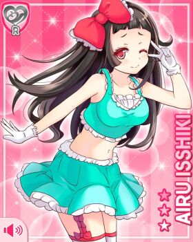 1girl ;) blunt_bangs bow bow_legwear breasts brown_hair card_(medium) character_name crop_top girlfriend_(kari) gloves green_skirt green_tank_top hair_bow isshiki_airu looking_at_viewer midriff miniskirt navel official_art one_eye_closed pink_background qp:flapper raised_inner_eyebrows red_bow red_eyes red_garter_straps skirt smile solo tank_top thighhighs thighs v white_gloves white_thighhighs