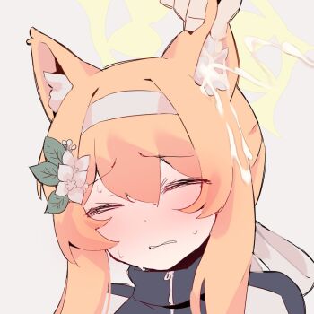 1boy 1girl animal_ear_fluff animal_ears blue_archive cat_ears closed_eyes cum cum_in_ear cum_on_hair flower grabbing_another&#039;s_ear grey_background hair_between_eyes hair_flower hair_ornament hairband halo hand_on_another&#039;s_ear hetero long_hair mari_(blue_archive) mari_(track)_(blue_archive) orange_hair portrait projectile_cum simple_background solo_focus sweat viroa white_flower white_hairband yellow_halo