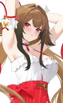 1girl 4kebidayo animal_ears armpits arms_up belt blush bow breasts brown_hair cleavage collar commentary detached_sleeves droopy_ears fox_ears fox_girl frilled_collar frills gradient_hair hair_ornament headband highres large_breasts long_hair long_skirt looking_at_viewer multicolored_hair off_shoulder official_alternate_costume parted_lips red_bow red_eyes skirt spaghetti_strap very_long_hair white_background ye_shunguang zenless_zone_zero