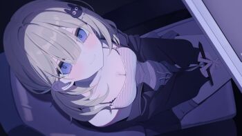 1girl bare_shoulders black_jacket blue_eyes blush breasts brown_hair camisole chair cleavage closed_mouth commentary_request drawstring from_above grey_shorts hair_between_eyes hair_ornament hairclip highres holding holding_stylus hood hood_down hooded_jacket jacket long_hair long_sleeves looking_at_viewer looking_up low_twintails medium_breasts mizu_(lzzrwi603) navel off_shoulder on_chair open_clothes open_jacket original puffy_long_sleeves puffy_sleeves rabbit_hair_ornament shorts sitting sleeves_past_wrists smile solo striped_camisole stylus twintails