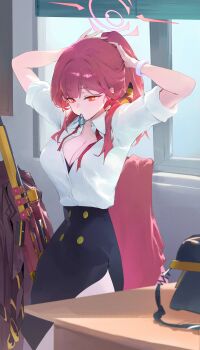 1girl absurdres arms_behind_head arms_up aru_(blue_archive) black_skirt blue_archive bra bra_peek bracelet breasts brown_horns cleavage coat collared_shirt demon_horns dokshuri gun h&amp;k_psg1 hair_tie_in_mouth halo hands_in_own_hair high-waist_skirt highres holding holding_own_hair horns indoors jewelry large_breasts long_hair low_horns mouth_hold neck_ribbon orange_eyes pink_hair pink_halo red_halo ribbon rifle shirt skirt sleeves_rolled_up sniper_rifle solo standing tying_hair underwear undone_neck_ribbon unworn_coat weapon white_shirt window