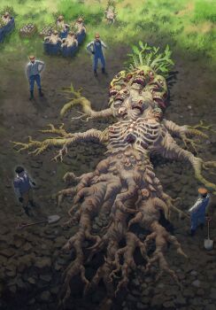 4boys @_@ black_footwear blue_overalls boots brown_headwear crate creature dirt eye_socket fleeing from_above grass hand_on_own_hip hard_hat hat helmet highres kiginobiru_(hayapi) leaf long_sleeves mandrake monster multiple_boys multiple_heads open_mouth original outdoors overalls plant_roots ribs rock rubber_boots shovel teeth tongue tongue_out what