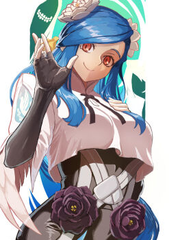 1girl absurdres angel_wings black_dress black_flower blue_hair border breasts closed_mouth commentary_request crop_top crop_top_overhang dizzy_(guilty_gear) dress fingerless_gloves flower gloves guilty_gear guilty_gear_strive hair_flower hair_ornament hand_on_own_chest highres katohisui large_breasts long_hair looking_at_viewer mature_female necro_(guilty_gear) queen_dizzy red_eyes sidelocks smile swept_bangs undine_(guilty_gear) waving white_border white_flower wings yellow_flower