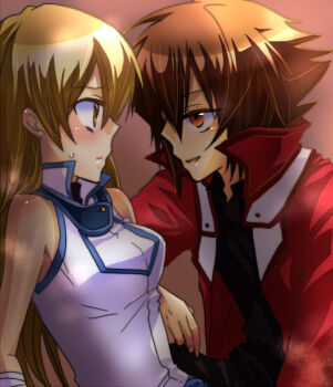 1boy 1girl bad_id bad_pixiv_id blush brown_eyes brown_hair duel_academy_uniform_(yu-gi-oh!_gx) long_hair nagonmaou obelisk_blue_uniform osiris_red_uniform pairing school_uniform sweatdrop tenjouin_asuka yu-gi-oh! yu-gi-oh!_gx yuki_judai