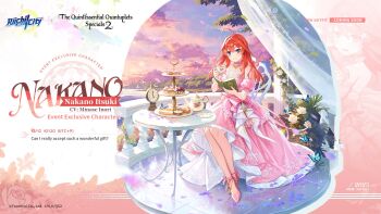 1girl ahoge balcony blue_eyes blush book breasts bug butterfly cake cake_stand chair clock closed_mouth collarbone cup dot_nose dress english_text female_focus flower food full_body game_cg go-toubun_no_hanayome hair_ornament high_heels highres holding holding_book holding_cup insect jewelry large_breasts legs long_hair long_skirt looking_at_viewer nakano_itsuki necklace no_bra official_art open_mouth outdoors petals pink_dress pink_skirt red_hair riichi_city sitting skirt sleeveless sleeveless_dress smile solo solo_focus star_(symbol) star_hair_ornament table tea teacup teapot thighs translated white_flower